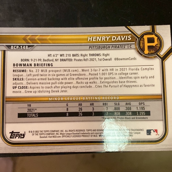2021 bowman chrome parallel Henry Davis number 148 - Picture 2 of 2